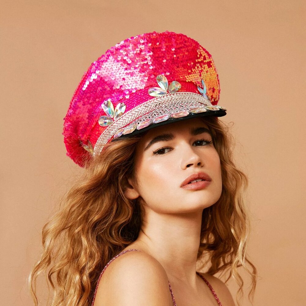 Hot Pink Sequin Rhinestone Captain Hat | Festival Hat | Statement Piece - Picture 4 of 4